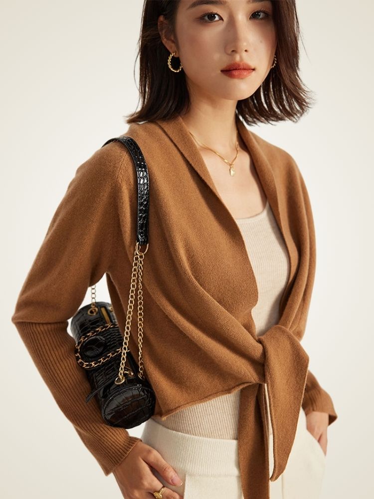 Abilene - Camel Tie-Waist Cashmere Wrap Cardigan | The Cashmere Studio
