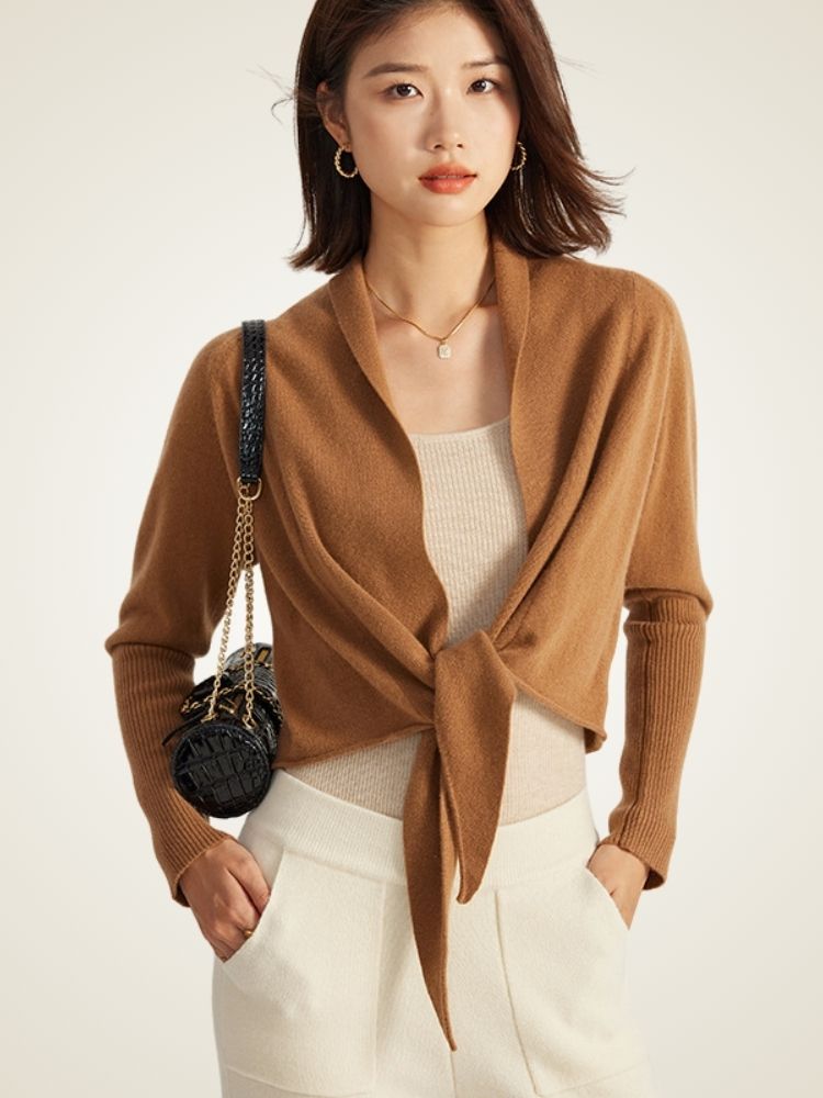 Abilene - Camel Tie-Waist Cashmere Wrap Cardigan | The Cashmere Studio