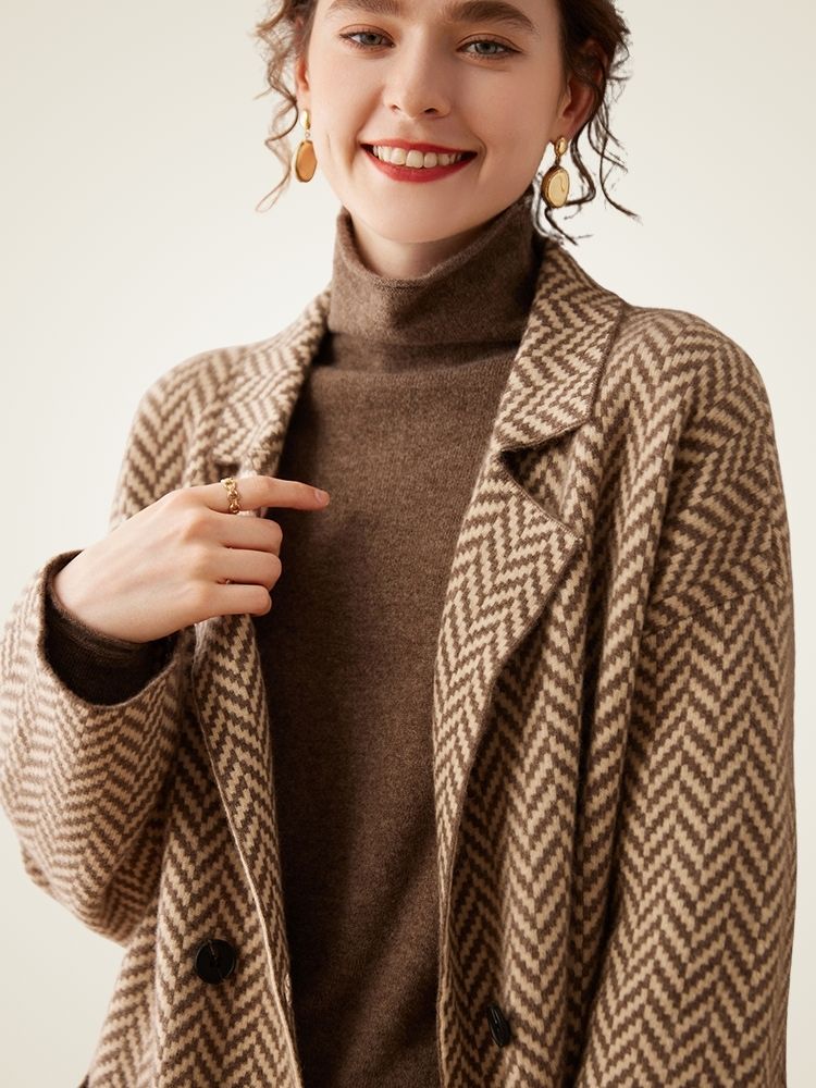Elysia - Camel Herringbone Cashmere Coat | The Cashmere Studio