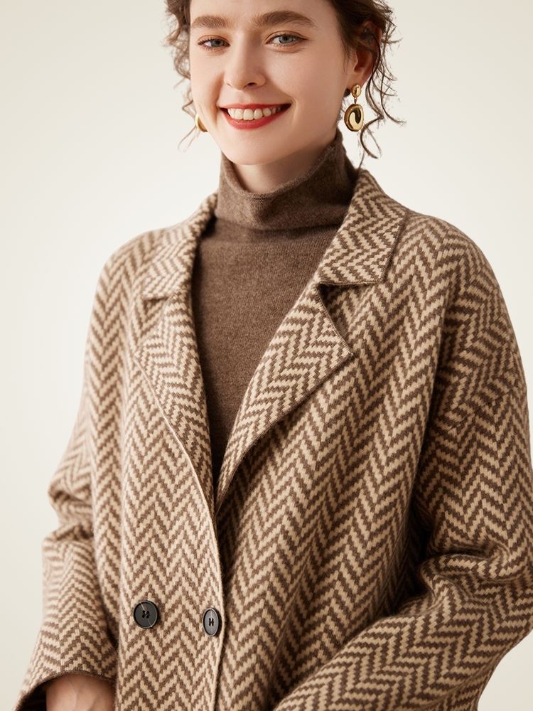 Elysia - Camel Herringbone Cashmere Coat | The Cashmere Studio