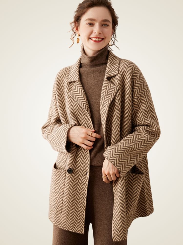 Elysia - Camel Herringbone Cashmere Coat | The Cashmere Studio