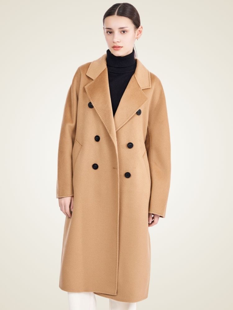 Ayana - Camel Double-Breasted Cashmere Coat | The Cashmere Studio