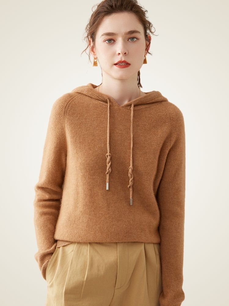 Colleen - Camel Ribbed Cashmere Hoodie | The Cashmere Studio