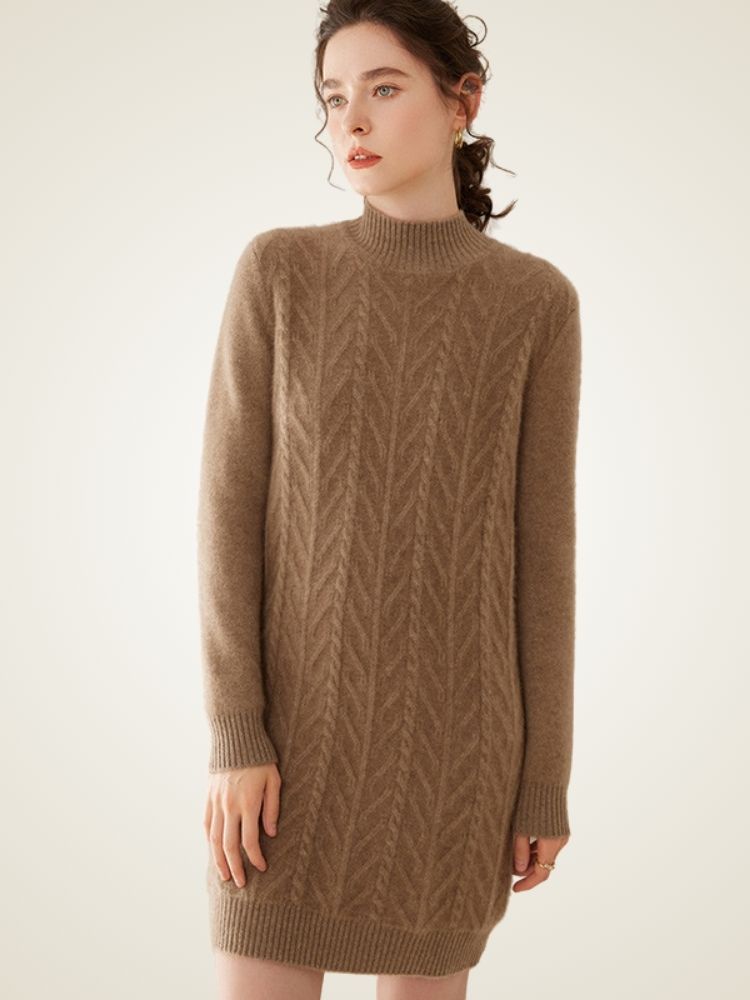 Sandrine - Camel Cable Knit Cashmere Midi Dress | The Cashmere Studio
