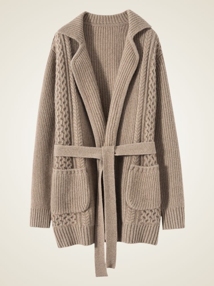 Elda - Camel Belted Cashmere Cardigan | The Cashmere Studio
