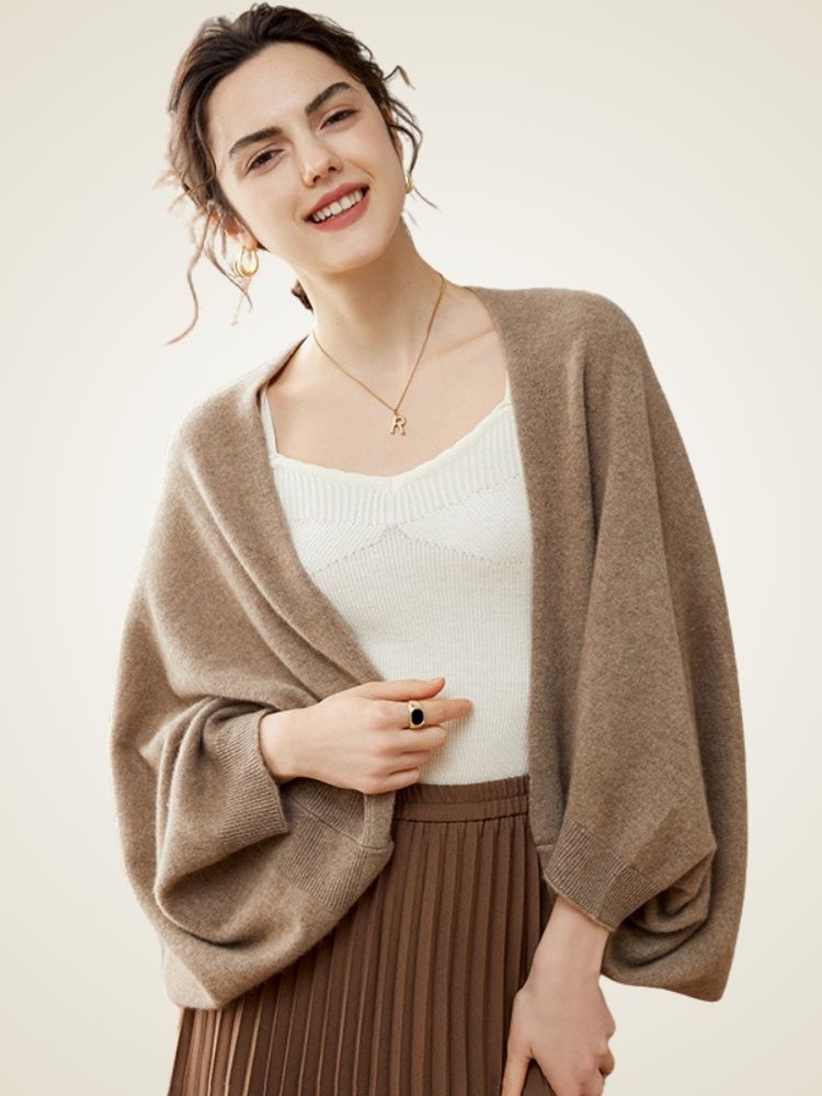 Alara - Camel Cashmere Shawl Cardigan | The Cashmere Studio
