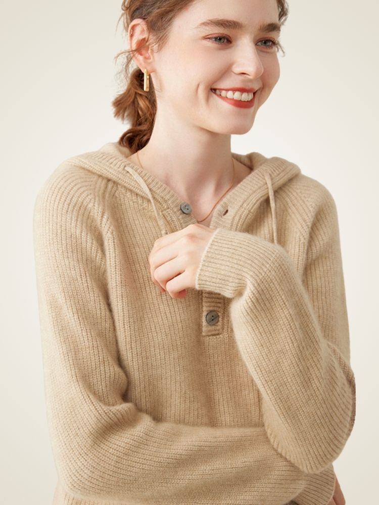 Analina - Camel Buttoned Cashmere Hoodie | The Cashmere Studio
