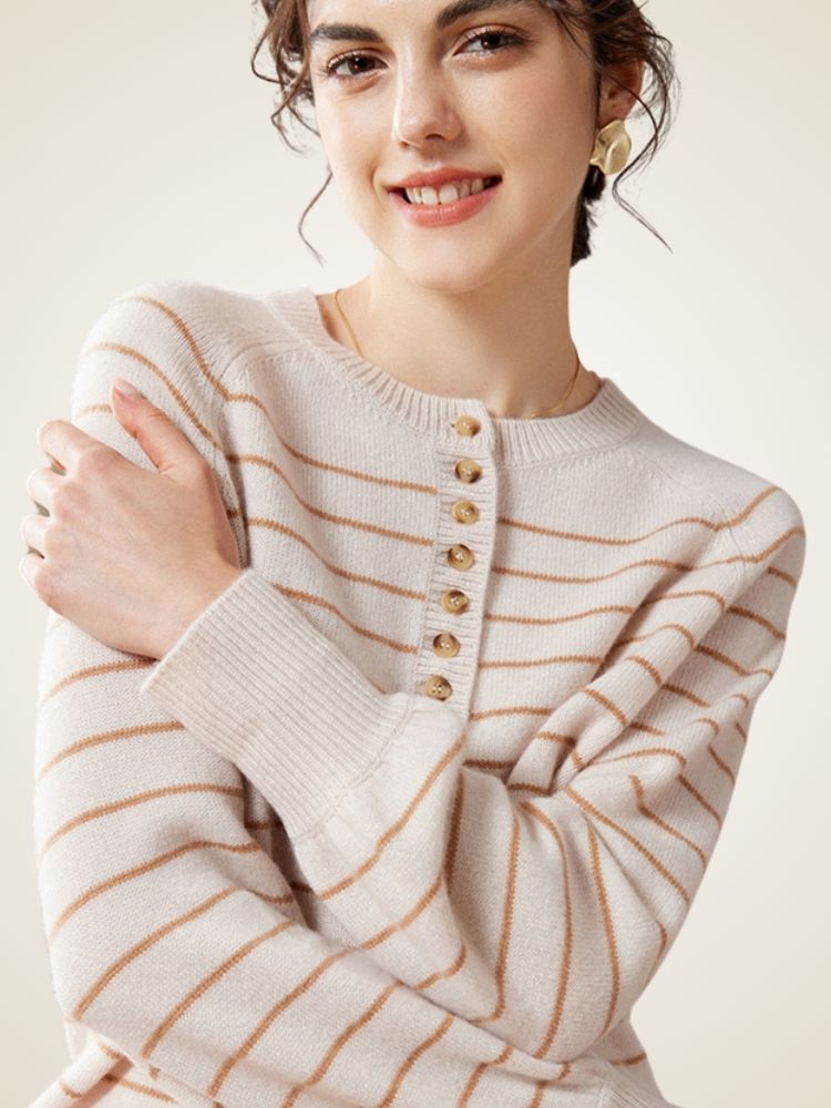 Saelis - Camel Striped Cashmere Sweater | The Cashmere Studio