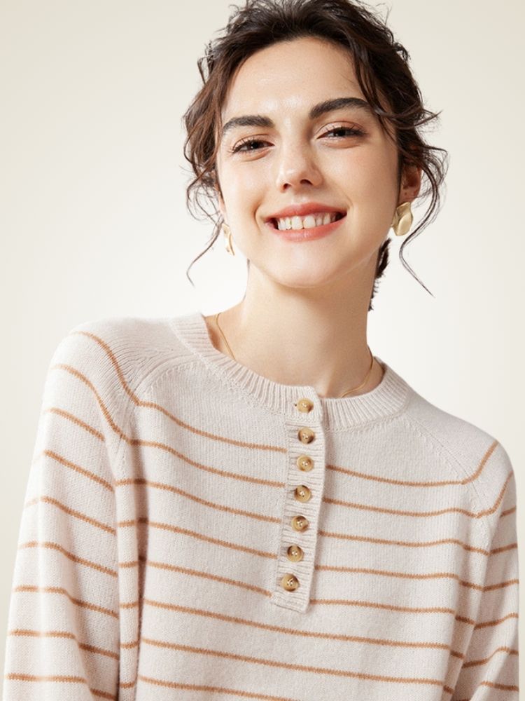 Saelis - Camel Striped Cashmere Sweater | The Cashmere Studio