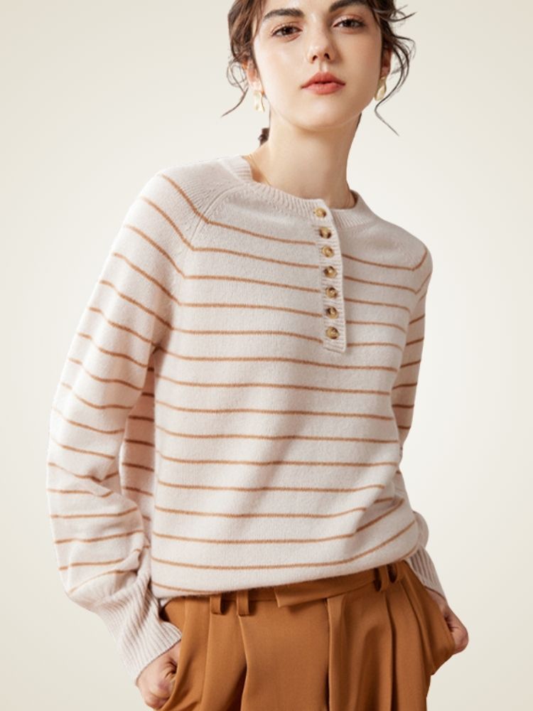 Saelis - Camel Striped Cashmere Sweater | The Cashmere Studio