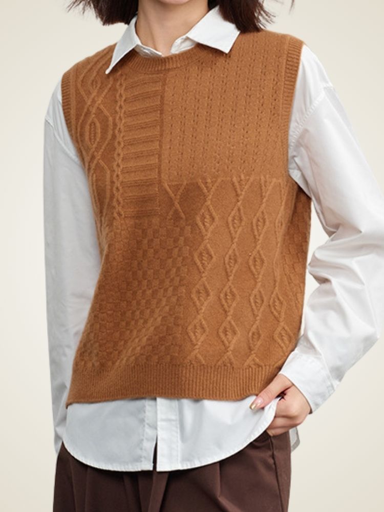 Alessia - Camel Round Neck Sweater Vest | The Cashmere Studio