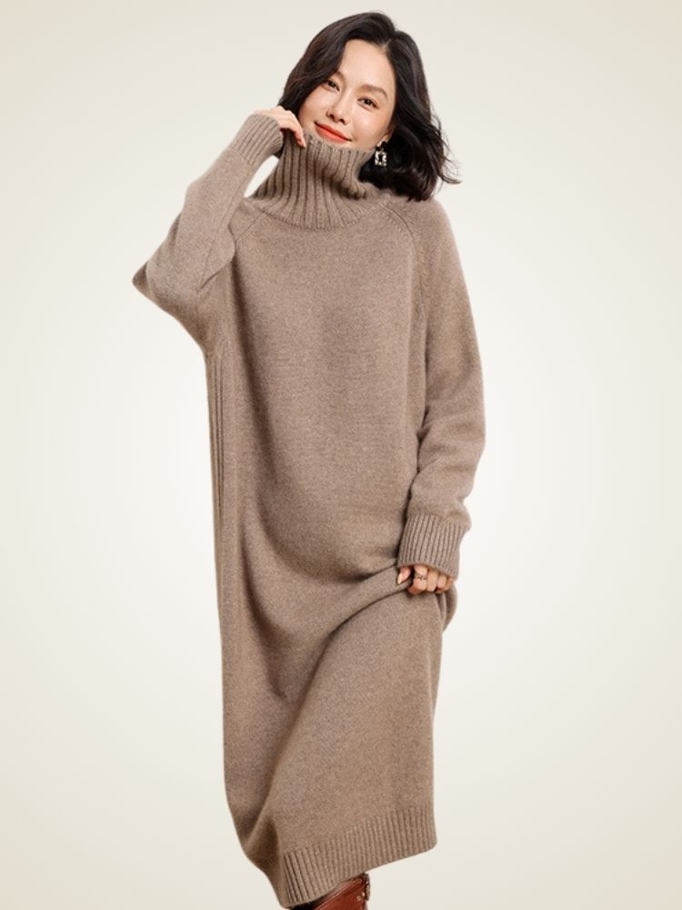 Mirel - Camel Turtleneck Cashmere Dress | The Cashmere Studio