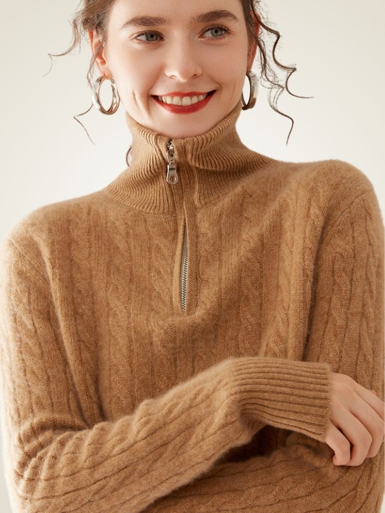 Milana - Camel Half-Zip Cashmere Sweater | The Cashmere Studio