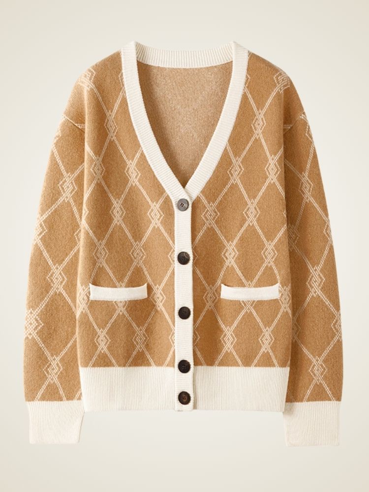 Ninette - Camel Diamond Knit Pattern Cashmere Cardigan | The Cashmere Studio