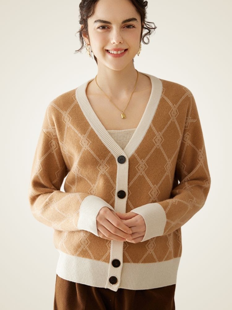 Ninette - Camel Diamond Knit Pattern Cashmere Cardigan | The Cashmere Studio
