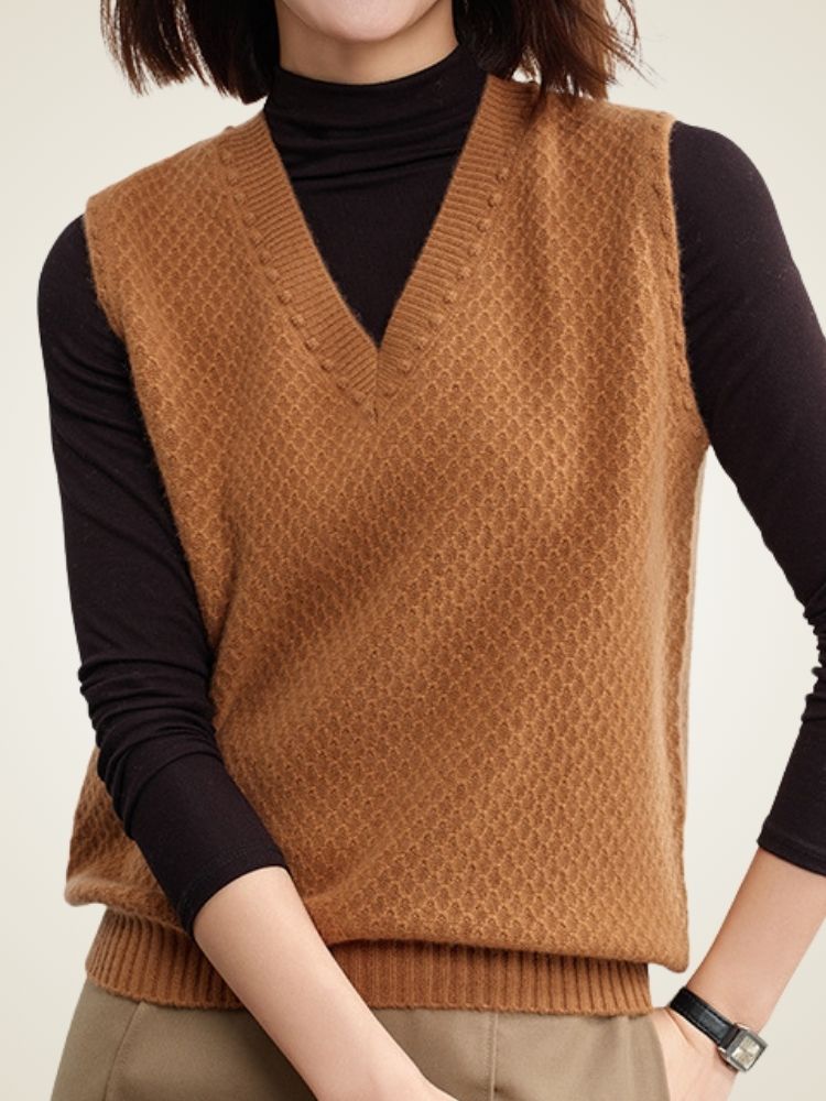 Iona - Camel Textured Cashmere V Neck Vest | The Cashmere Studio