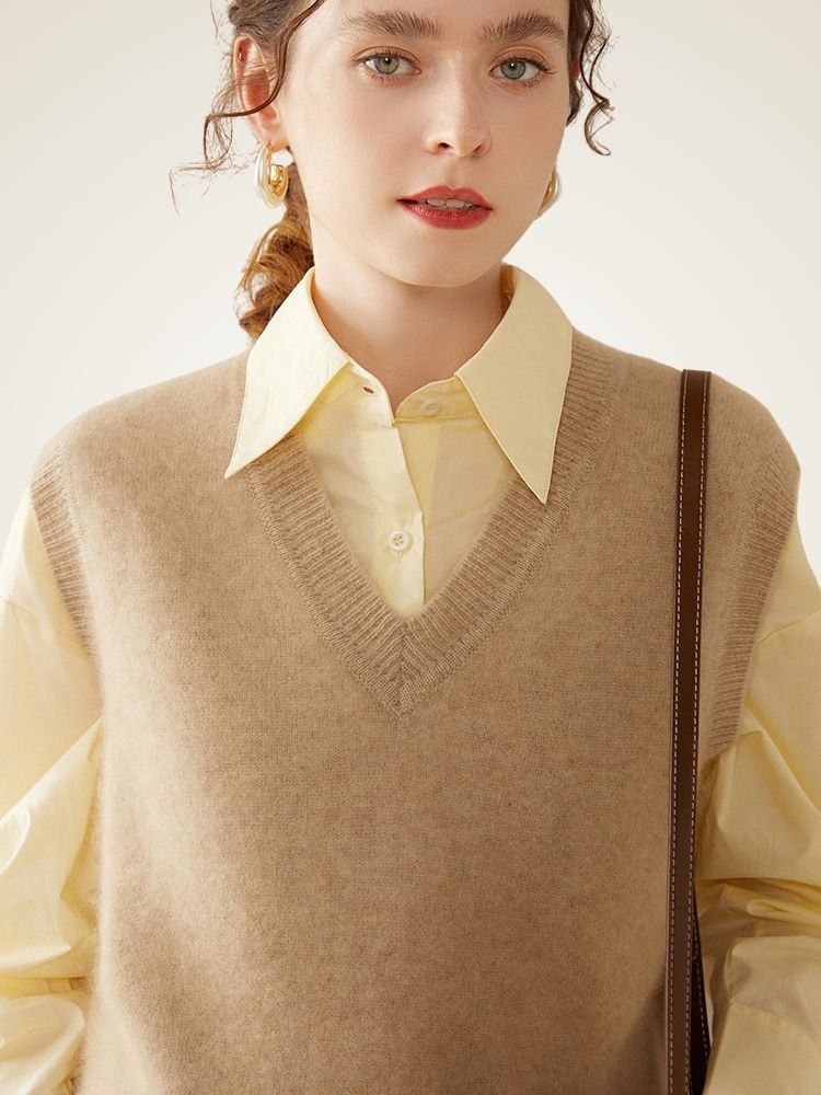 Lorene - Camel Classic Cashmere Vest | The Cashmere Studio