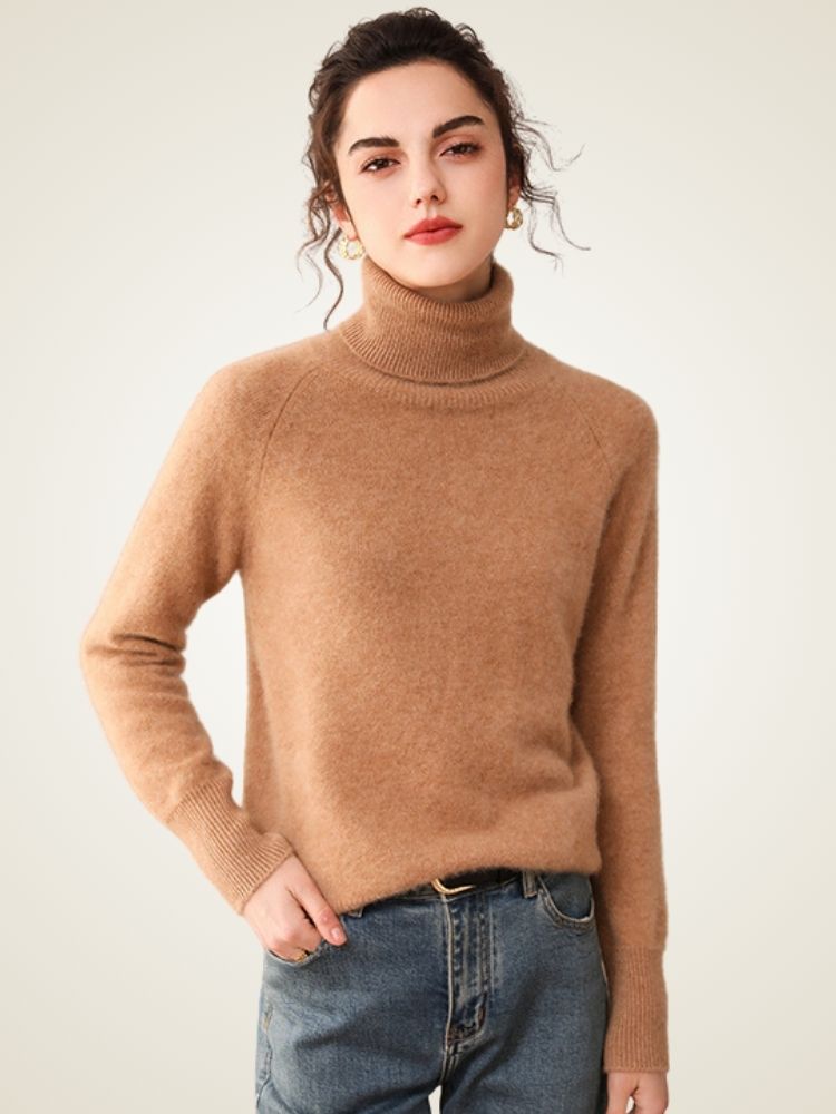 Perla - Camel High Turtleneck Cashmere Sweater | The Cashmere Studio