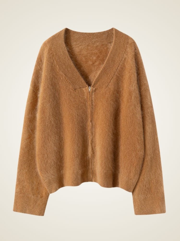 Neyla - Camel Zip-Up Cashmere Cardigan | The Cashmere Studio