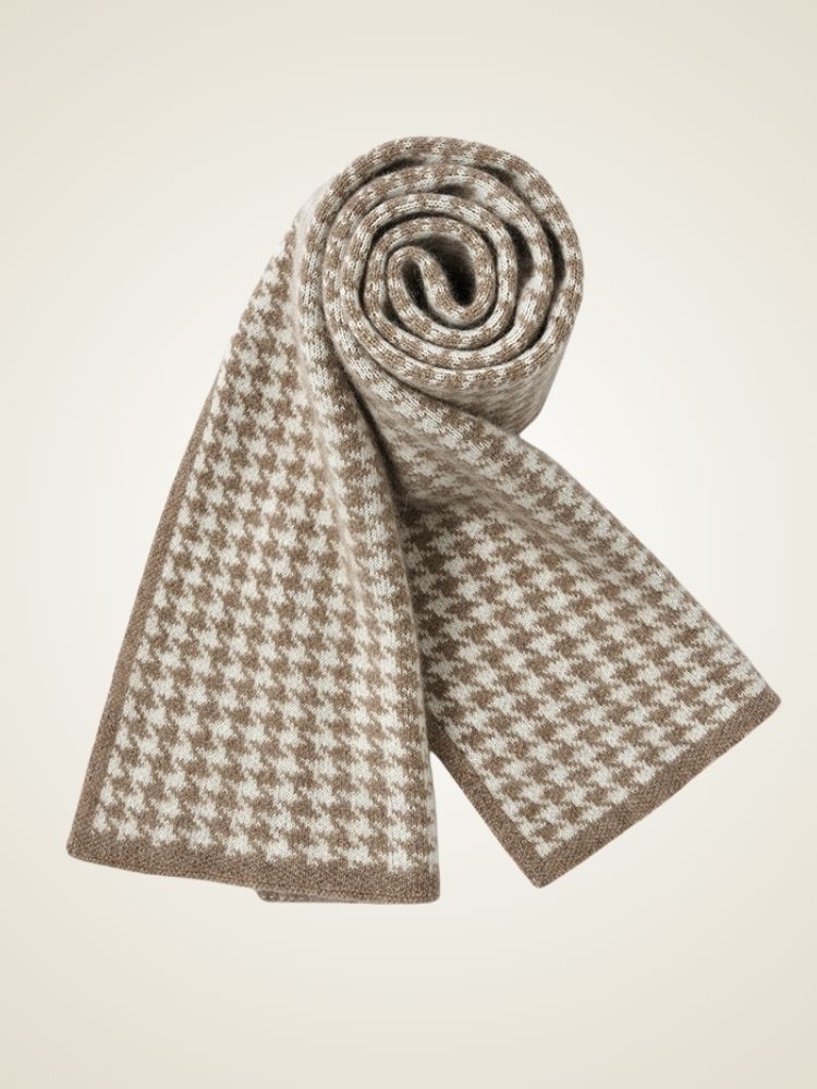 Paolina - Camel Houndstooth Cashmere Scarf | The Cashmere Studio