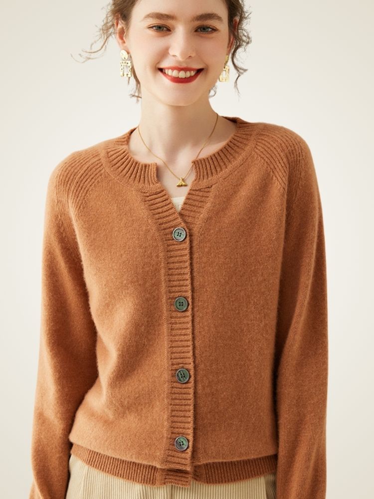 Celestia - Camel Buttoned Cashmere Cardigan | The Cashmere Studio