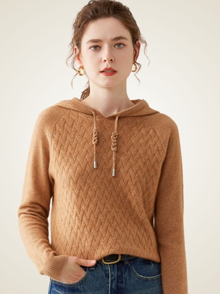 Amelise - Camel Chevron Knitted Cashmere Hoodie | The Cashmere Studio