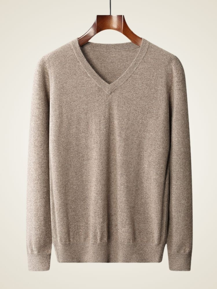 Dean - Camel V-Neck Cashmere Sweater | The Cashmere Studio