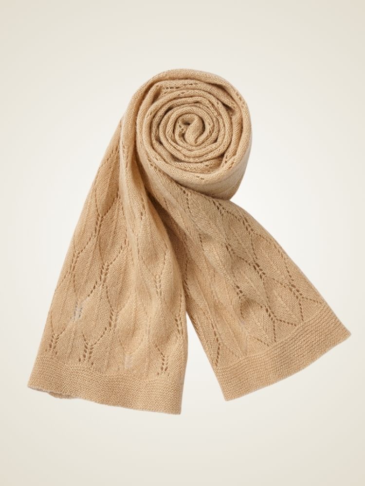 Alie - Camel Lace-Knit Cashmere Scarf | The Cashmere Studio
