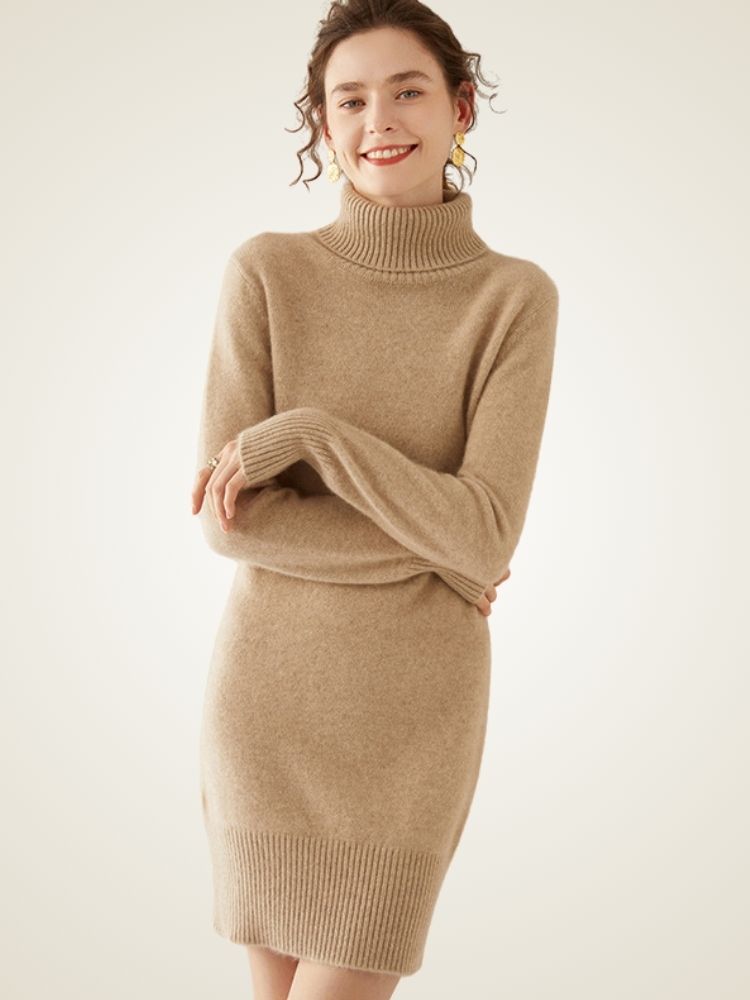 Mayowa - Camel Turtleneck Cashmere Dress | The Cashmere Studio