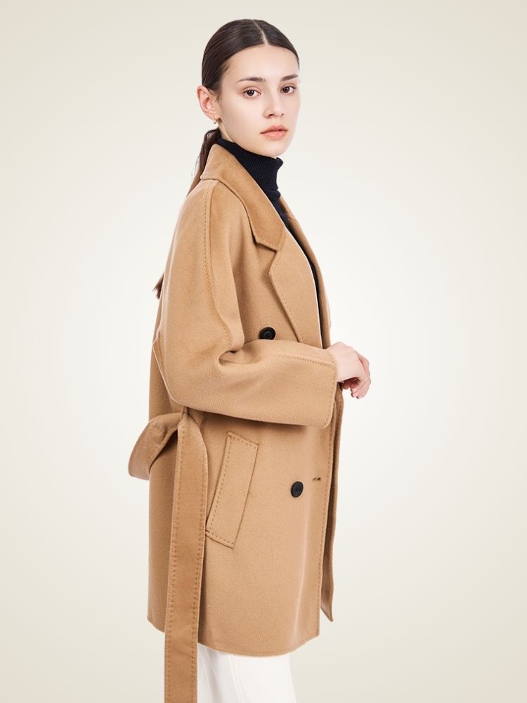 Delara - Camel Double-Breasted Cashmere Coat | The Cashmere Studio