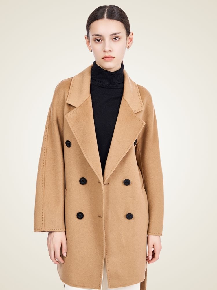 Delara - Camel Double-Breasted Cashmere Coat | The Cashmere Studio