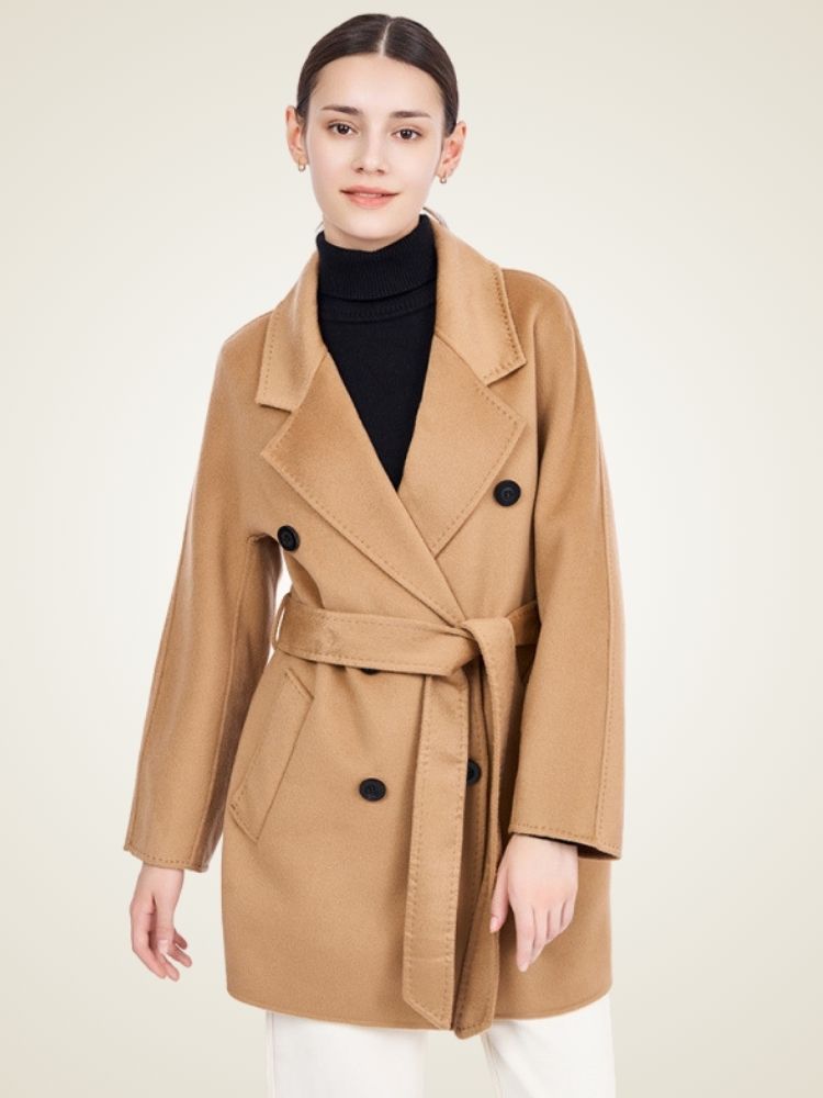 Delara - Camel Double-Breasted Cashmere Coat | The Cashmere Studio