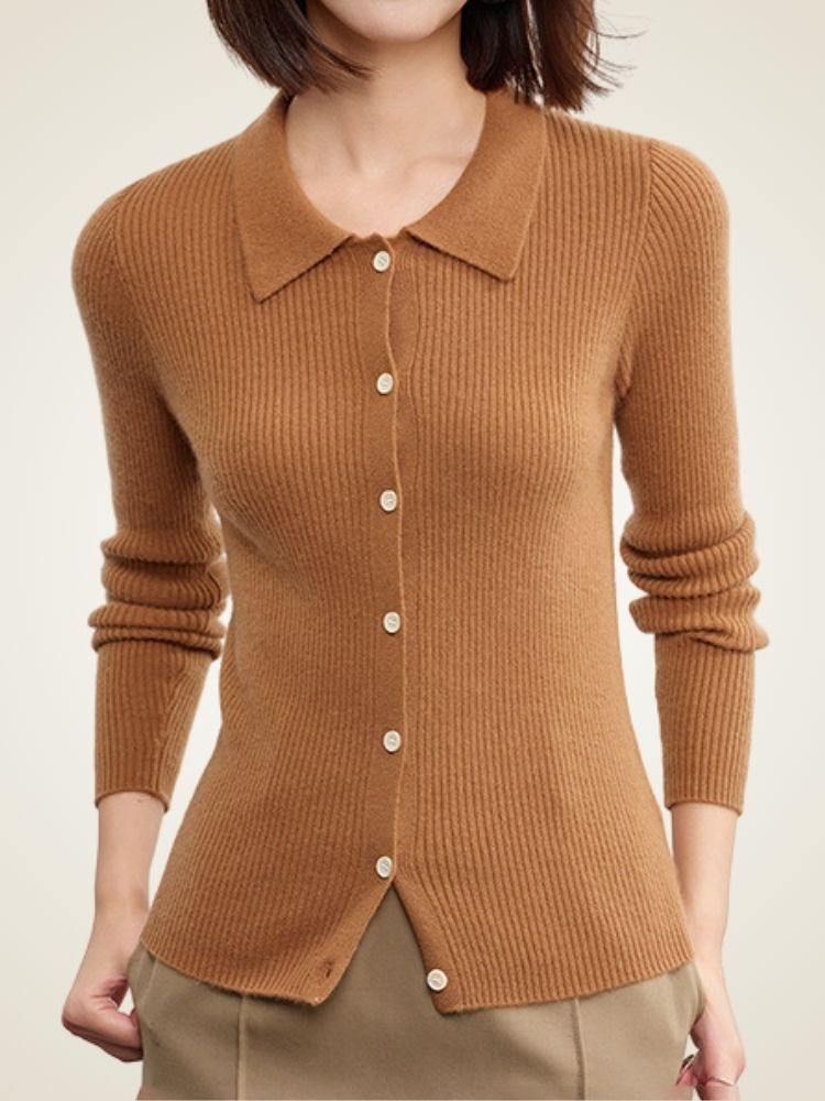 Posie - Camel Ribbed Cashmere Cardigan | The Cashmere Studio