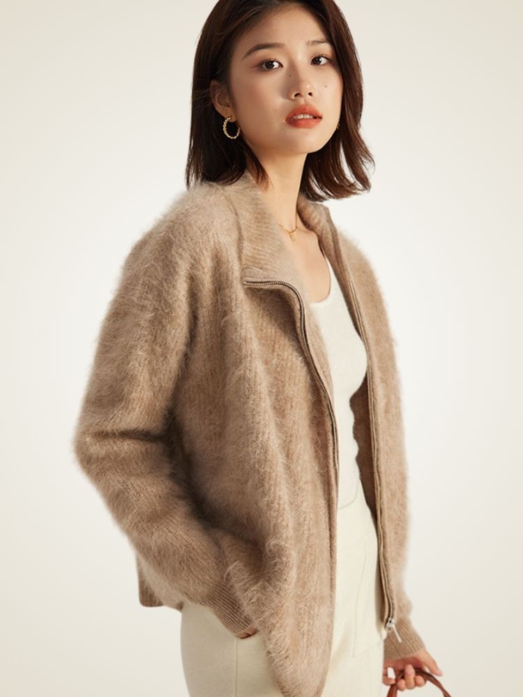 Donna - Camel Orange Zip-Up Cashmere Sweater | The Cashmere Studio