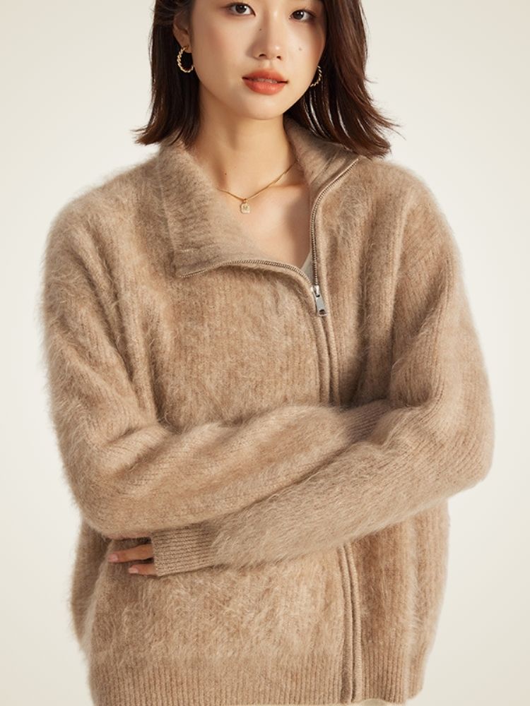 Donna - Camel Orange Zip-Up Cashmere Sweater | The Cashmere Studio