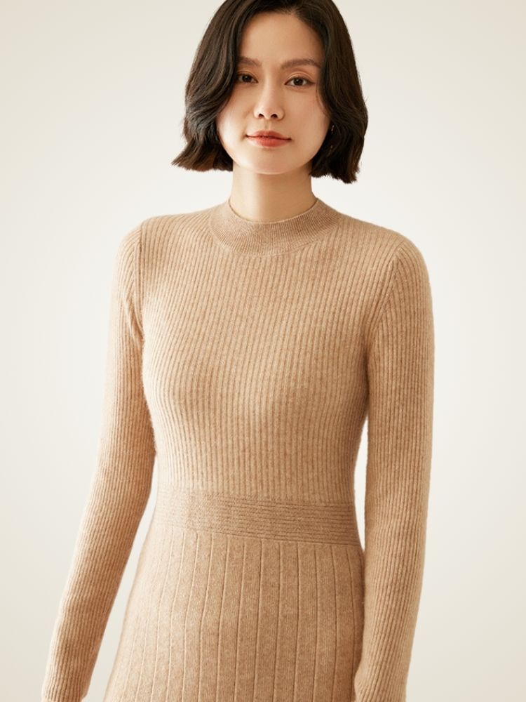 Tallis - Camel Ribbed Cashmere Midi Dress | The Cashmere Studio