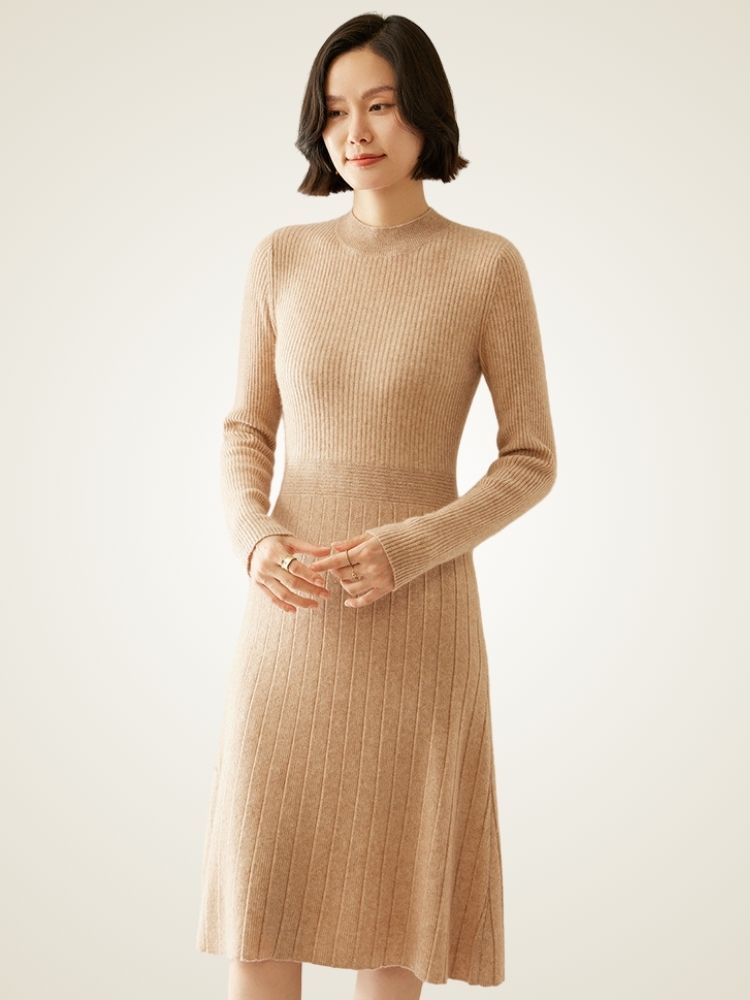Tallis - Camel Ribbed Cashmere Midi Dress | The Cashmere Studio