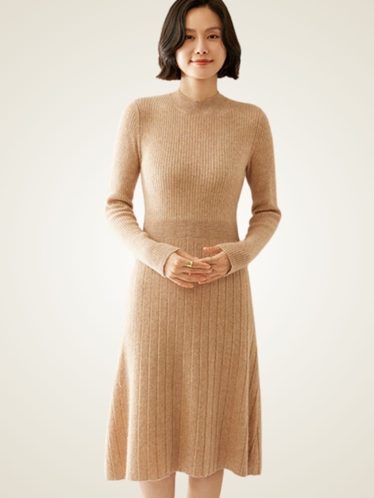 Tallis - Camel Ribbed Cashmere Midi Dress | The Cashmere Studio