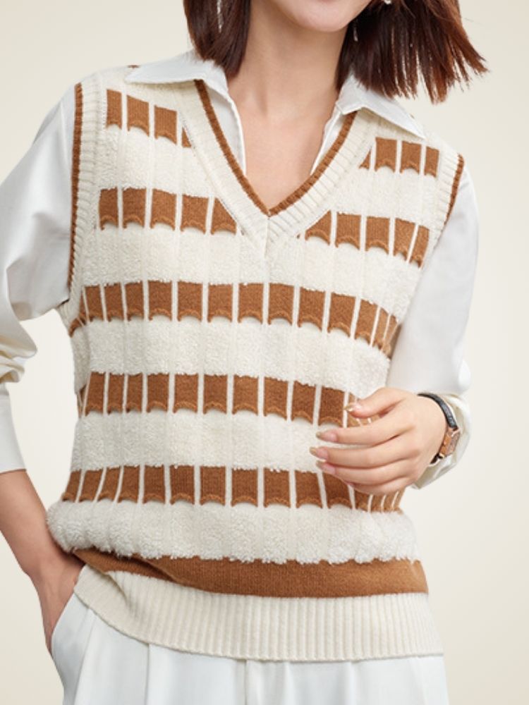 Astra - Camel Striped Cashmere Vest | The Cashmere Studio