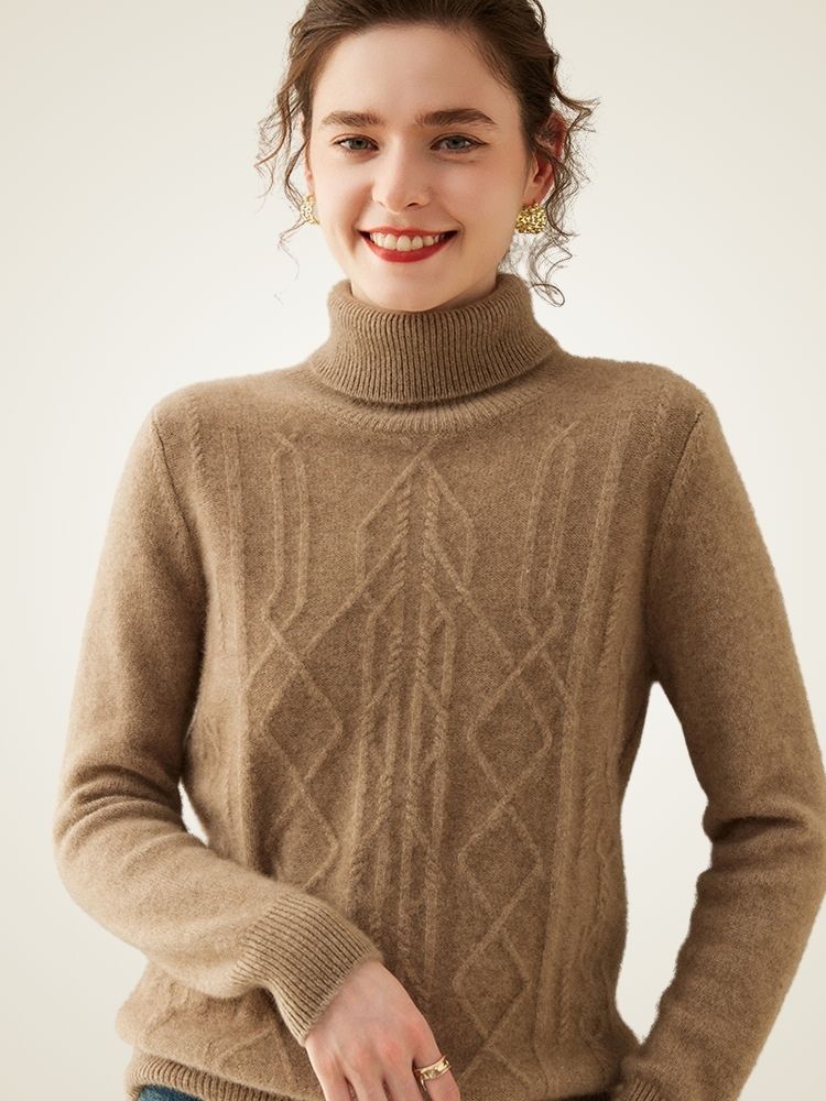 Oriana - Camel Cable-Knit Cashmere Turtleneck | The Cashmere Studio