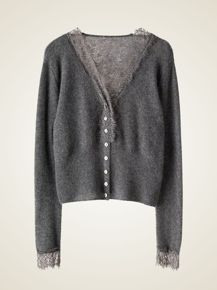 Brooke - Gray Lace Collar Cashmere Cardigan | The Cashmere Studio