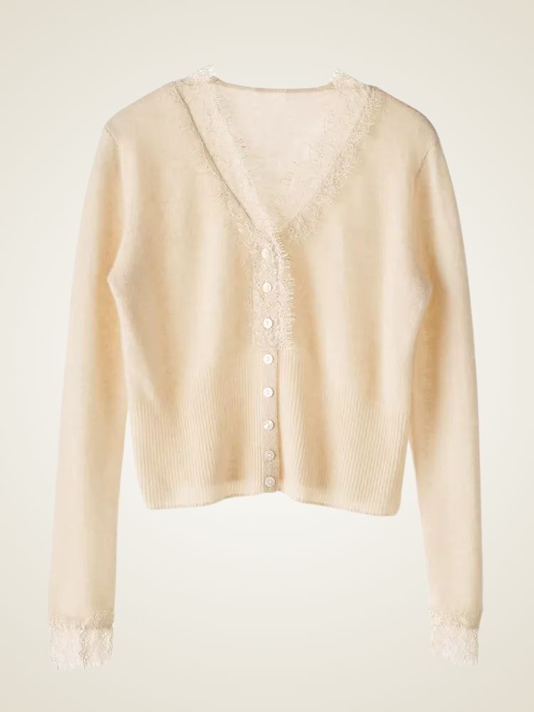 Brooke - Beige Lace Collar Cashmere Cardigan | The Cashmere Studio