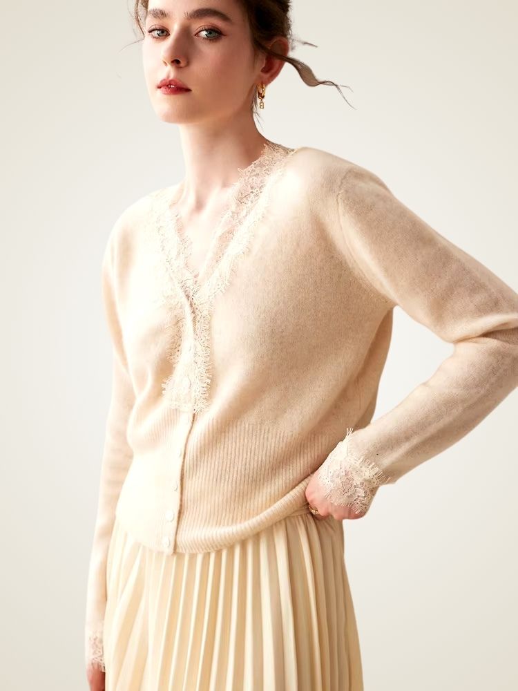 Brooke - Beige Lace Collar Cashmere Cardigan | The Cashmere Studio