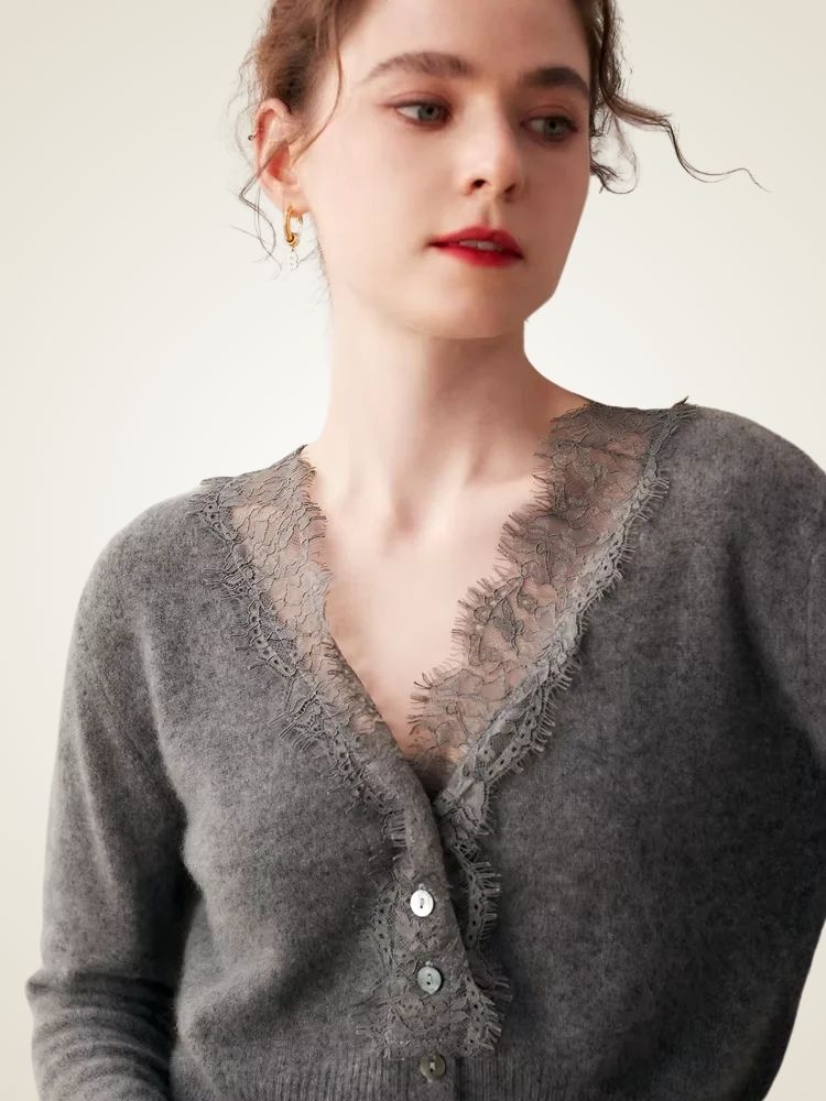 Brooke - Gray Lace Collar Cashmere Cardigan | The Cashmere Studio