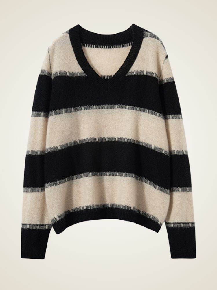 Lorennia - Striped V-Neck Cashmere Sweater | The Cashmere Studio