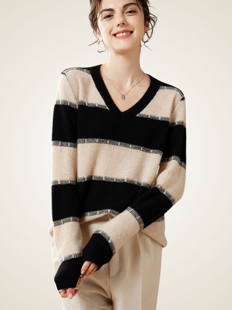 Lorennia - Striped V-Neck Cashmere Sweater | The Cashmere Studio