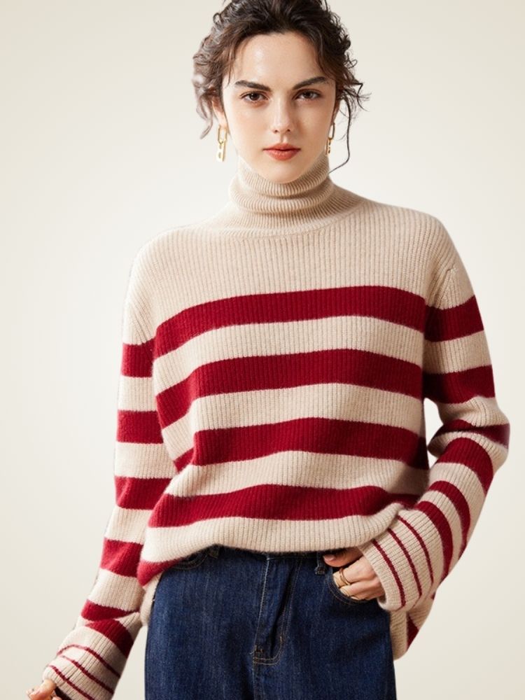 Kyla - Cream Striped Cashmere Turtleneck | The Cashmere Studio