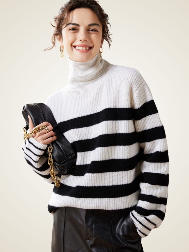 Kyla - Striped Cashmere Turtleneck | The Cashmere Studio