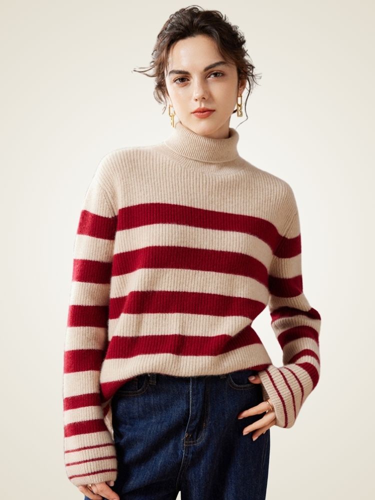 Kyla - Cream Striped Cashmere Turtleneck | The Cashmere Studio