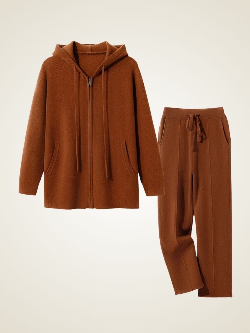 Darel — Dark Caramel Hooded Zip-Up Cashmere Set | The Cashmere Studio